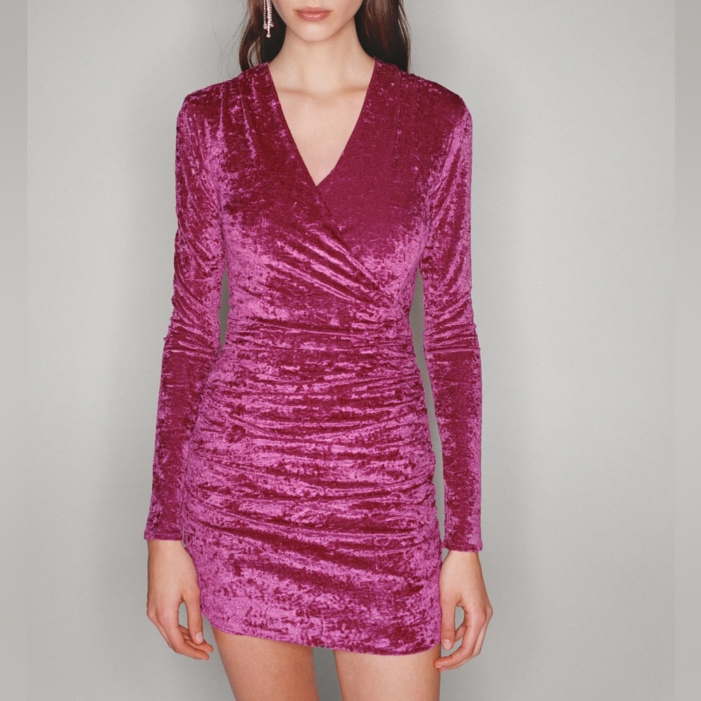 Maje Fuchsia Velvet Long Sleeve Dress